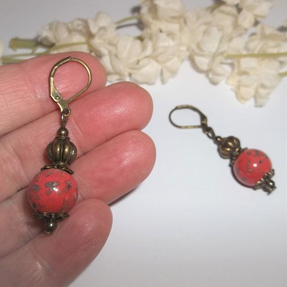 Earrings, Coral Earrings, Bronze Earrings, Earrings, Boho Earring, Earring, 7824 - Picture 6 of 8